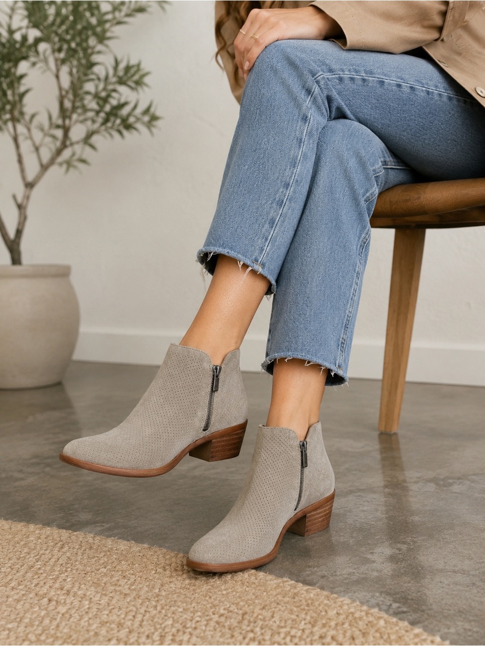 Lucky Brand Bayley Perforated Suede Ankle Booties - Taupe/Gray